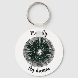 Zwarte en witte panorama stad onder de maan sleutelhanger