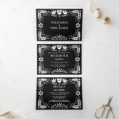 Zwarte en witte papel picado liefhebbers bruiloft drieluik uitnodiging (Binnen)