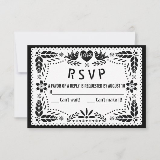 Zwarte en witte papel picado liefhebbers bruiloft RSVP kaartje (Voorkant)
