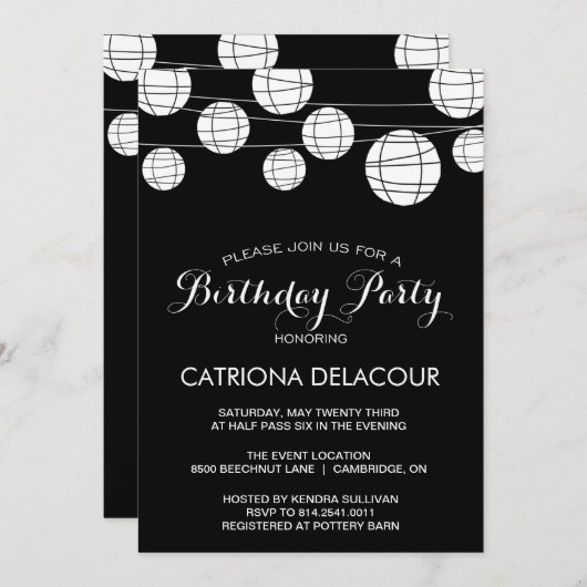 ZWARTE EN WITTE PAPIERLANTERS BIRTHDAY-INVITATIE KAART (Voorkant / Achterkant)