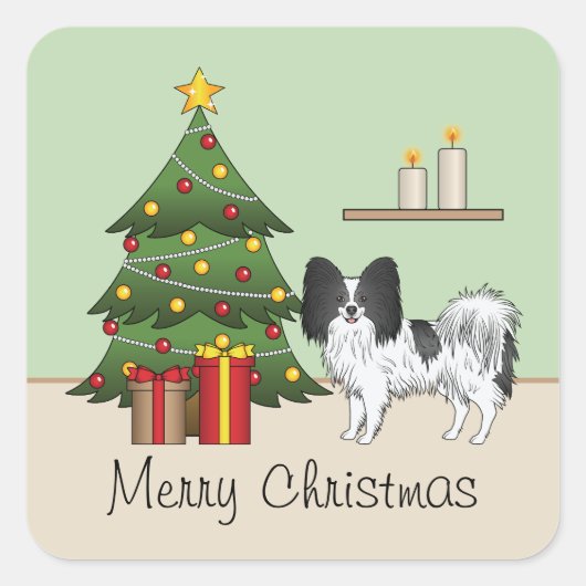 Zwarte en witte papillon hond bij een kerstboom vierkante sticker (Voorkant)