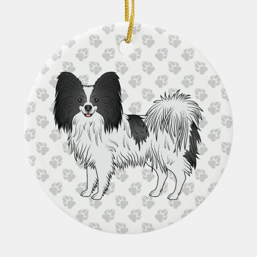 Zwarte en witte papillon kotterhond met poten keramisch ornament (Voorkant)