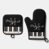 Zwarte en witte pianosleutels, aangepast monogram ovenwant & pannenlap set (Voorkant)