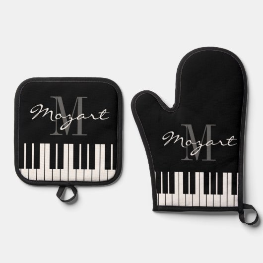 Zwarte en witte pianosleutels, aangepast monogram ovenwant & pannenlap set (Voorkant)