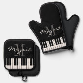Zwarte en witte pianosleutels, aangepast monogram ovenwant & pannenlap set (Voorkant / Achterkant)