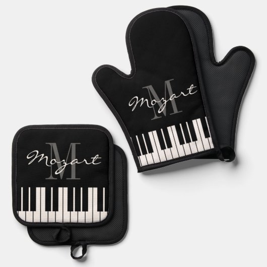 Zwarte en witte pianosleutels, aangepast monogram ovenwant & pannenlap set (Voorkant / Achterkant)