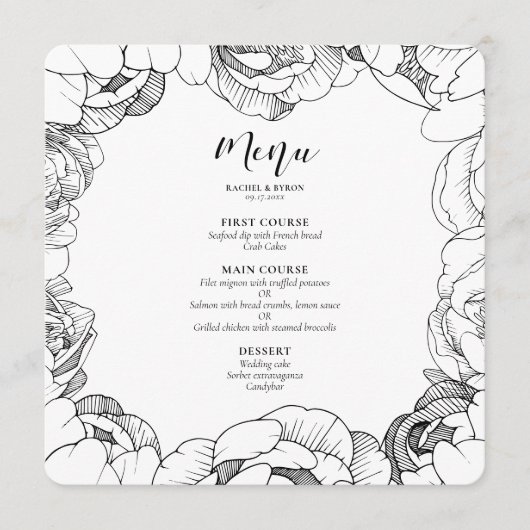 Zwarte en witte pinda's elegante bruiloft menu (Voorkant)