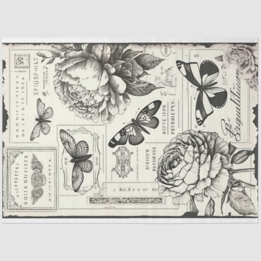 zwarte en witte pioenrozen en vlinder tissuepapier (Voorkant)