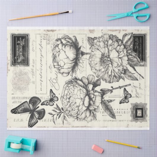  zwarte en witte pioenrozen en vlinder tissuepapier (Craft)