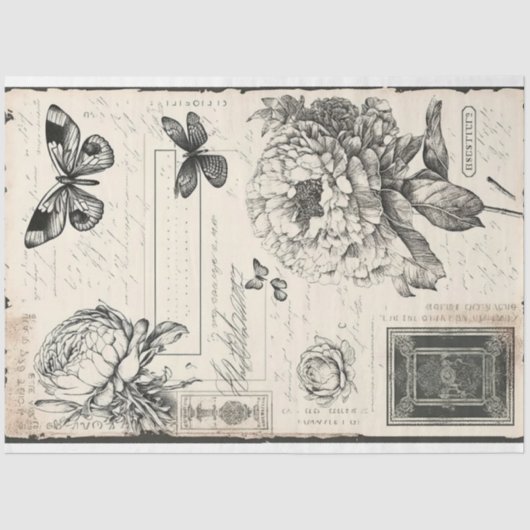 zwarte en witte pioenrozen en vlinder tissuepapier (Voorkant)