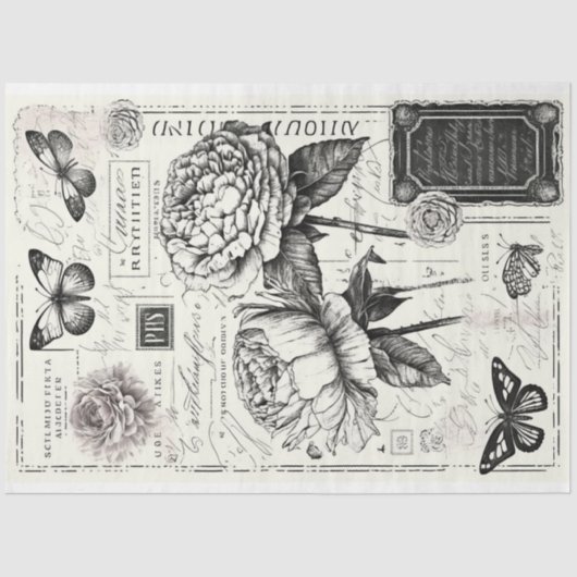  zwarte en witte pioenrozen en vlinder tissuepapier (Voorkant)