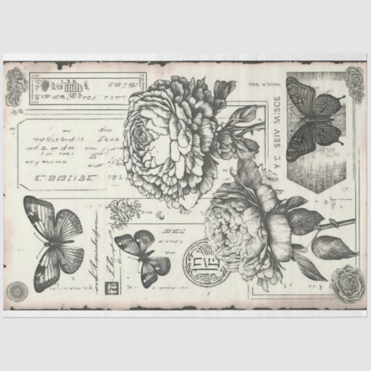  zwarte en witte pioenrozen en vlinder tissuepapier (Voorkant)