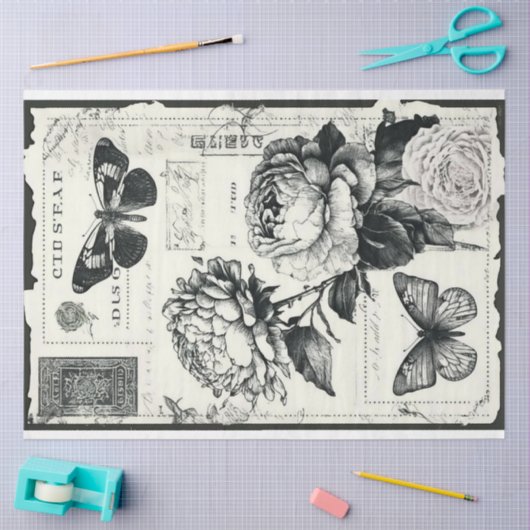  zwarte en witte pioenrozen en vlinder tissuepapier (Craft)