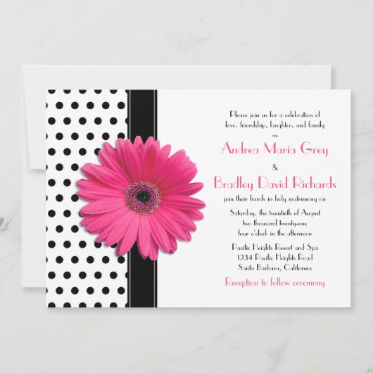 Zwarte en witte poka Dot roze Daisy Wedding Kaart (Voorkant)