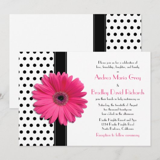 Zwarte en witte poka Dot roze Daisy Wedding Kaart (Voorkant / Achterkant)