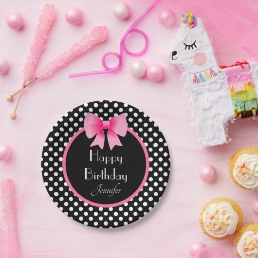Zwarte en witte poka Pinkten Pattern Pink Bow Birt Papieren Bordje (Feest)