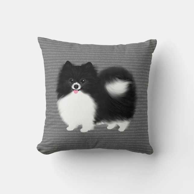 Zwarte en witte pommeren Happy Fluffy Dog Kussen (Voorkant)