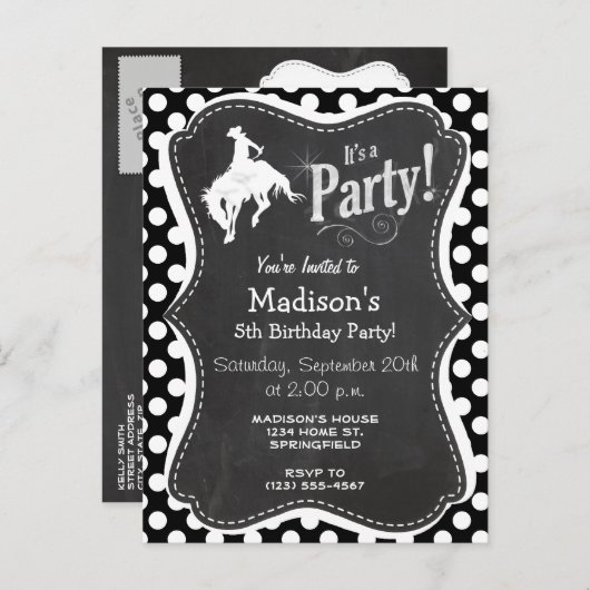 Zwarte en witte pooldots; Rodeo Cowboy Uitnodiging Briefkaart (Voorkant / Achterkant)