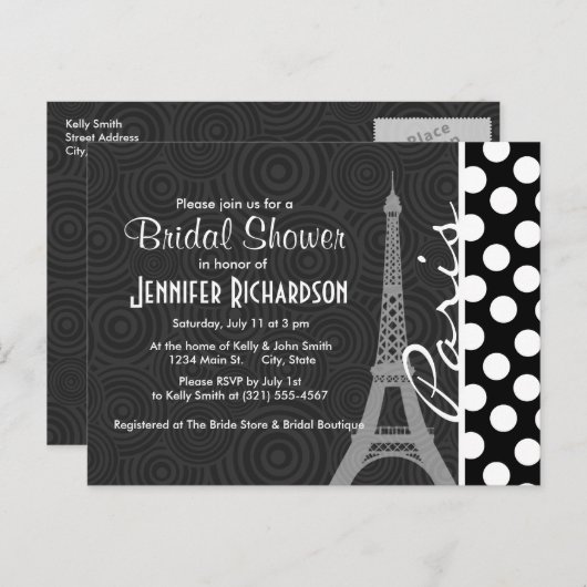 Zwarte en witte poolwond, Stippen; Parijs Uitnodiging Briefkaart (Voorkant / Achterkant)