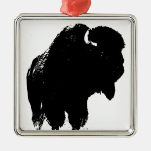 Zwarte en witte Pop Art Bison Buffalo Metalen Ornament