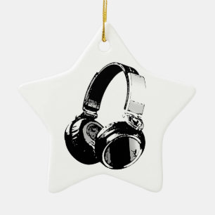 Zwarte en witte Pop Art Headphone Keramisch Ornament