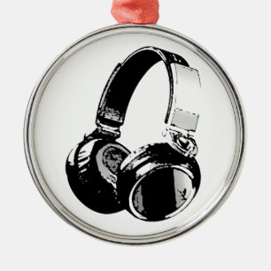Zwarte en witte Pop Art Headphone Metalen Ornament