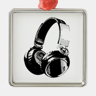 Zwarte en witte Pop Art Headphone Metalen Ornament