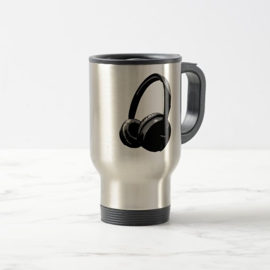 Zwarte en witte Pop Art Headphone Reisbeker (Voorkant rechts)