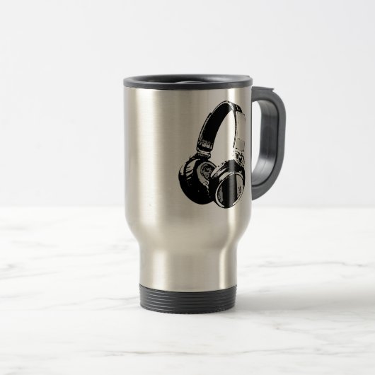 Zwarte en witte Pop Art Headphone Reisbeker (Voorkant rechts)