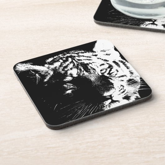 Zwarte en witte Pop Art Tiger Drankjes Onderzetter (Linkerzijde)