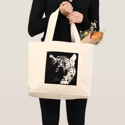 Zwarte en witte Pop Art Tiger Grote Tote Bag (Voorkant (product))