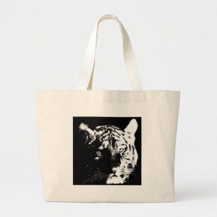 Zwarte en witte Pop Art Tiger Grote Tote Bag