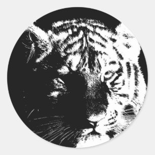 Zwarte en witte Pop Art Tiger Ronde Sticker