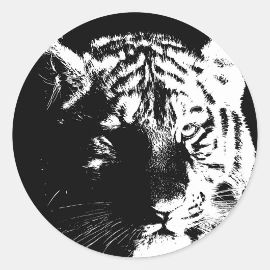 Zwarte en witte Pop Art Tiger Ronde Sticker (Voorkant)