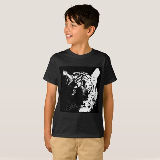 Zwarte en witte Pop Art Tiger T-shirt (Voorkant volledig)