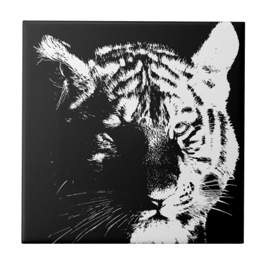 Zwarte en witte Pop Art Tiger Tegeltje (Voorkant)