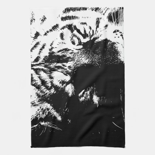 Zwarte en witte Pop Art Tiger Theedoek (Verticaal)