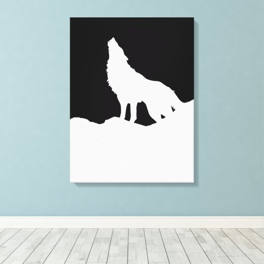 Zwarte en witte Pop Art Wolf Howling in Moon Canvas Afdruk (Insitu (Houten vloer))