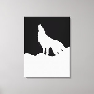 Zwarte en witte Pop Art Wolf Howling in Moon Canvas Afdruk