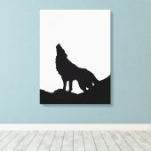 Zwarte en witte Pop Art Wolf Howling in Moon Canvas Afdruk (Insitu (Houten vloer))