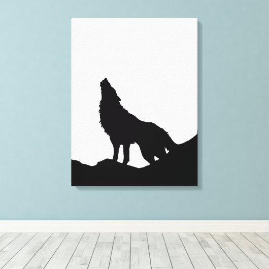 Zwarte en witte Pop Art Wolf Howling in Moon Canvas Afdruk (Insitu (Houten vloer))
