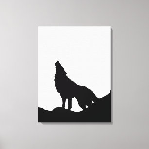 Zwarte en witte Pop Art Wolf Howling in Moon Canvas Afdruk