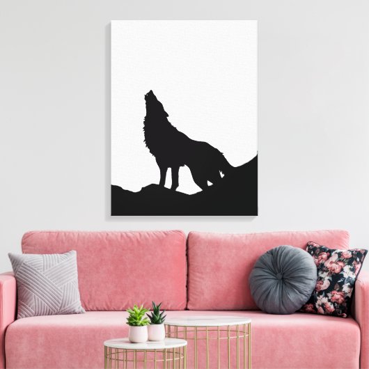 Zwarte en witte Pop Art Wolf Howling in Moon Canvas Afdruk (Insitu (Woonkamer))
