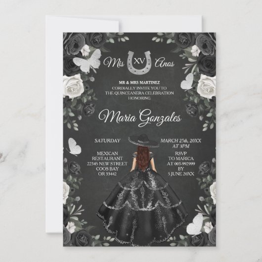 Zwarte en witte prinses Quinceanera Birthday Kaart (Voorkant)