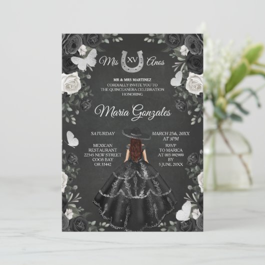 Zwarte en witte prinses Quinceanera Birthday Kaart (Staand voorkant)