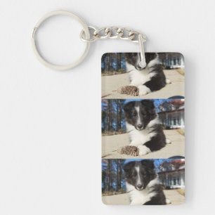 zwarte en witte puppy sleutelhanger