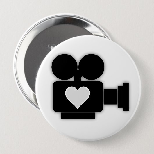 ZWARTE EN WITTE RETROMOVIE CAMERA EN HART RONDE BUTTON 4,0 CM (Voorkant /achterkant)