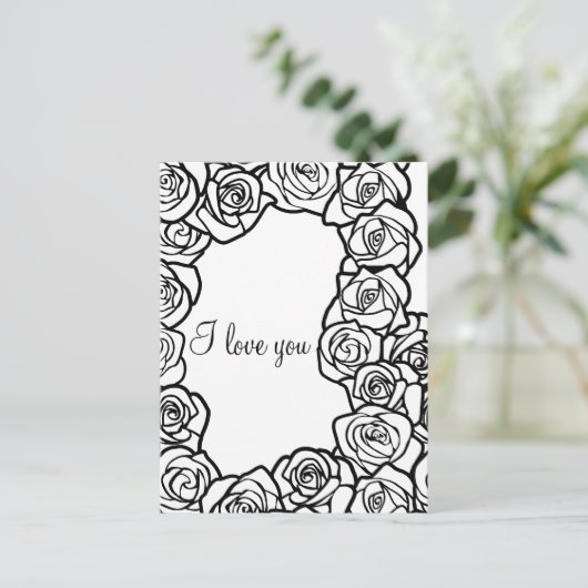  zwarte en witte roos 'Ik hou van je' Briefkaart (Staand voorkant)