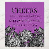 Zwarte en Witte Rozen Elektrisch Paarse Bruiloft Wijn Etiket (Enkel label)