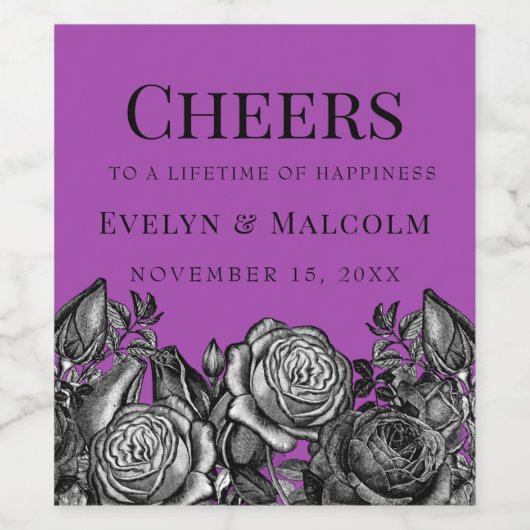 Zwarte en Witte Rozen Elektrisch Paarse Bruiloft Wijn Etiket (Enkel label)